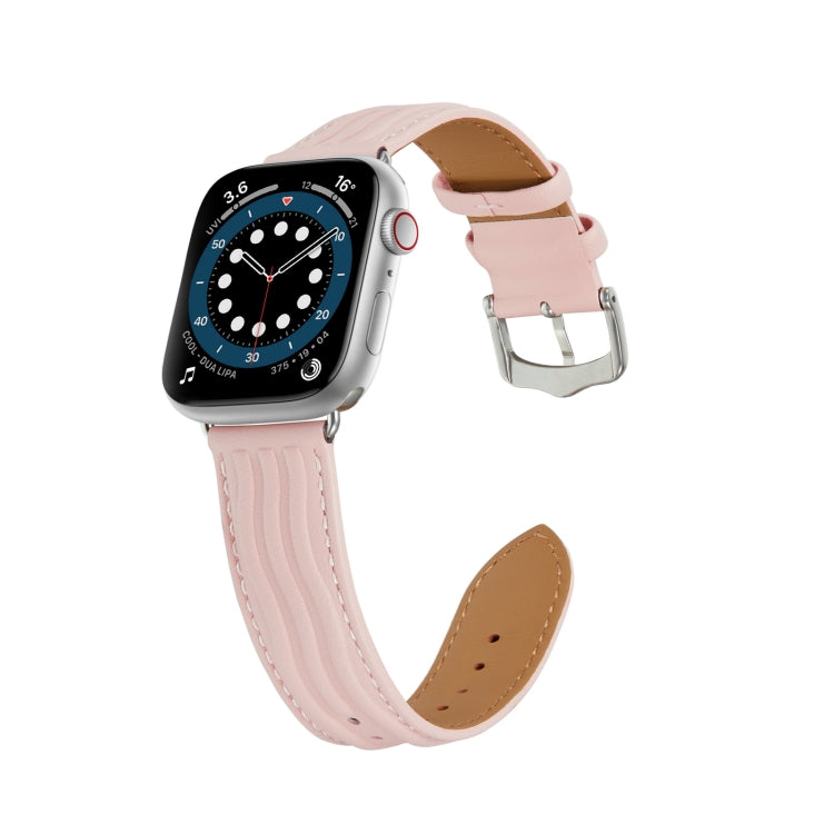 Embossed Line Genuine Leather Watch Band For Apple Watch 7 45mm(Pink) - Watch Bands by PMC Jewellery | Online Shopping South Africa | PMC Jewellery