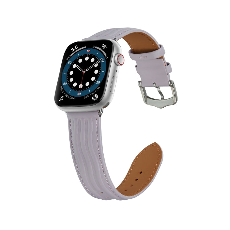 Embossed Line Genuine Leather Watch Band For Apple Watch SE 44mm(Lavender Purple) - Watch Bands by PMC Jewellery | Online Shopping South Africa | PMC Jewellery