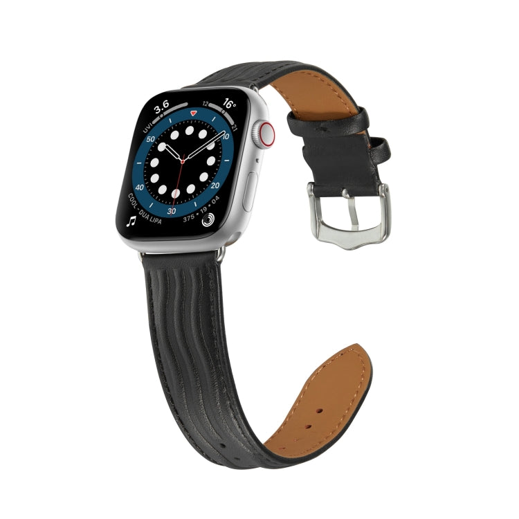 Embossed Line Genuine Leather Watch Band For Apple Watch 6 44mm(Black) - Watch Bands by PMC Jewellery | Online Shopping South Africa | PMC Jewellery