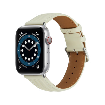 Embossed Line Genuine Leather Watch Band For Apple Watch 6 44mm(Milky White) - Watch Bands by PMC Jewellery | Online Shopping South Africa | PMC Jewellery