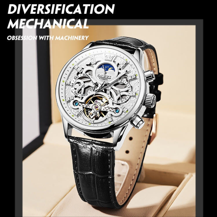 OLEVS 6658 Men Luminous Waterproof Leather Strap Mechanical Watch(White) - Leather Strap Watches by OLEVS | Online Shopping South Africa | PMC Jewellery | Buy Now Pay Later Mobicred