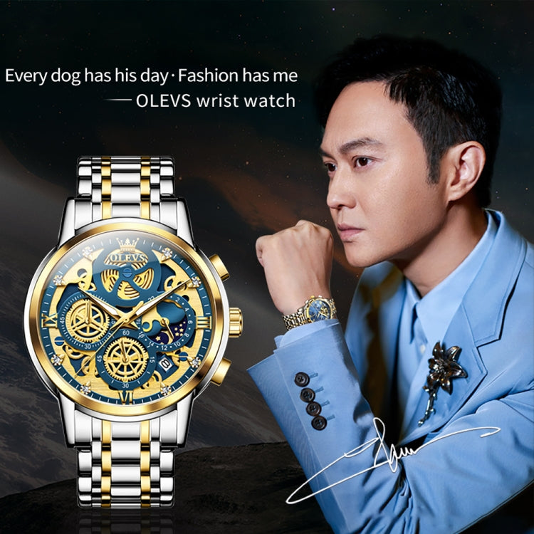 OLEVS 9947 Men Multifunctional Hollow Waterproof Quartz Watch(Blue + Gold) - Metal Strap Watches by OLEVS | Online Shopping South Africa | PMC Jewellery