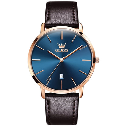 OLEVS 5869 Men Business Waterproof Genuine Leather Strap Quartz Watch(Blue + Rose Gold) - Leather Strap Watches by OLEVS | Online Shopping South Africa | PMC Jewellery