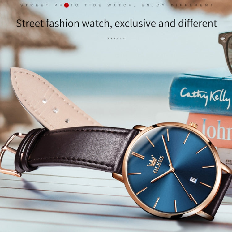 OLEVS 5869 1 Pair Couple Waterproof Genuine Leather Strap Quartz Watch(Blue + Black) - Couple Watches by PMC Jewellery | Online Shopping South Africa | PMC Jewellery