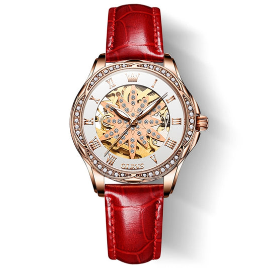 OLEVS 6681 Women Multifunctional Hollow Waterproof Mechanical Watch(White Surface Red Belt) - Leather Strap Watches by OLEVS | Online Shopping South Africa | PMC Jewellery