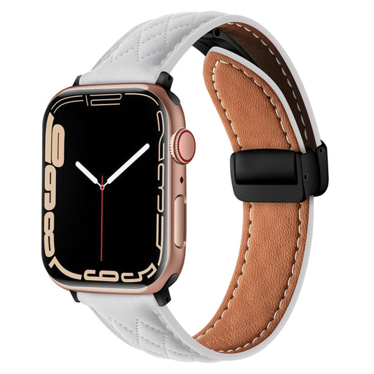 For Apple Watch 7 45mm Folding Buckle Rhombus Leather Watch Band(White) - Watch Bands by PMC Jewellery | Online Shopping South Africa | PMC Jewellery