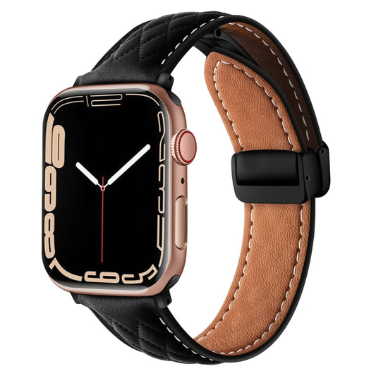 For Apple Watch SE 44mm Folding Buckle Rhombus Leather Watch Band(Black) - Watch Bands by PMC Jewellery | Online Shopping South Africa | PMC Jewellery