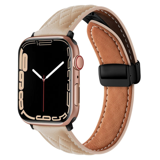 For Apple Watch 5 44mm Folding Buckle Rhombus Leather Watch Band(Apricot) - Watch Bands by PMC Jewellery | Online Shopping South Africa | PMC Jewellery