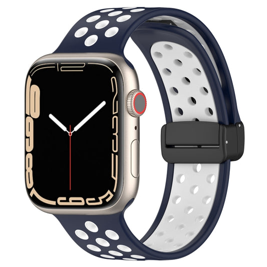 For Apple Watch 7 45mm Magnetic Buckle Silicone Watch Band(Navy White) - Watch Bands by PMC Jewellery | Online Shopping South Africa | PMC Jewellery