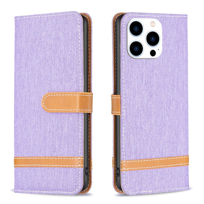 For iPhone 15 Pro Color Block Denim Texture Leather Phone Case(Purple) - iPhone 15 Pro Cases by PMC Jewellery | Online Shopping South Africa | PMC Jewellery