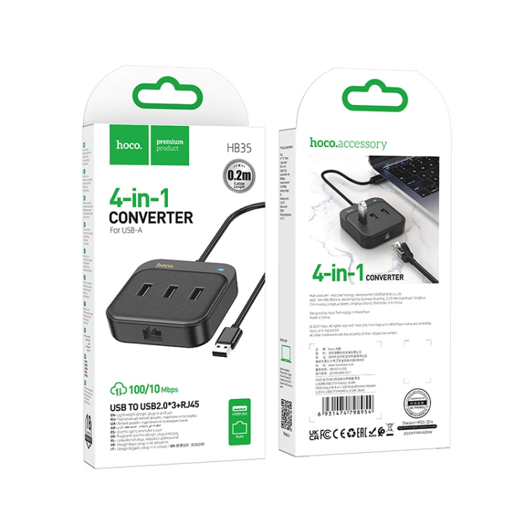 hoco HB35 4 in 1 USB to USB2.0x3+RJ45 100M Ethernet Adapter, Cable Length:0.2m(Black) - USB Network Adapter by hoco | Online Shopping South Africa | PMC Jewellery