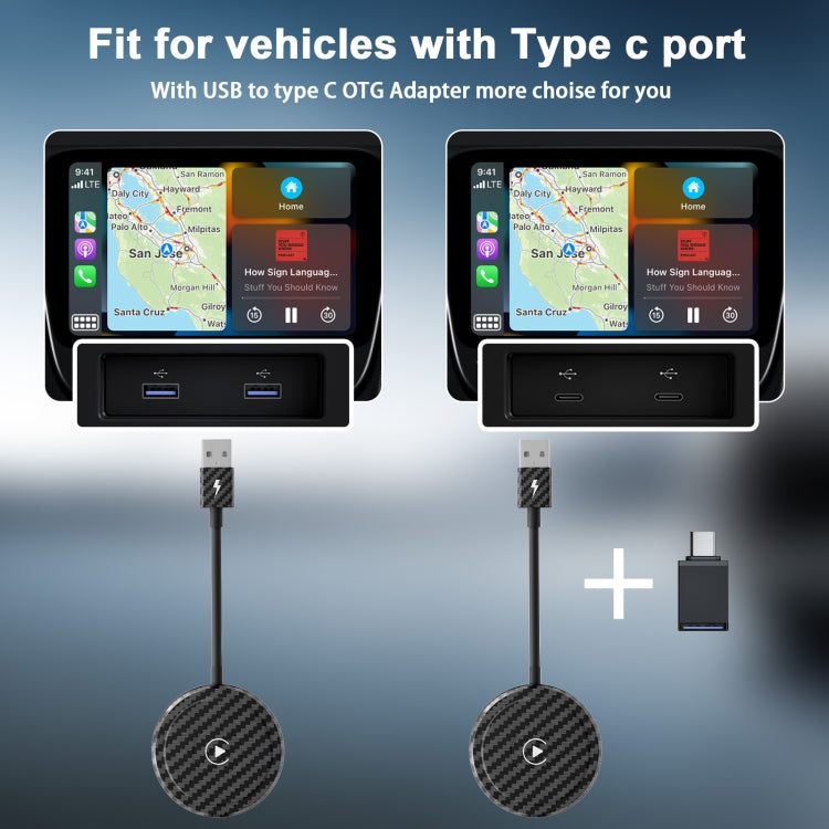 Carbon Fiber USB + USB-C / Type-C Wired to Wireless Carplay Adapter for iPhone(Black) - free shipping - PMC TechLife - Order now!