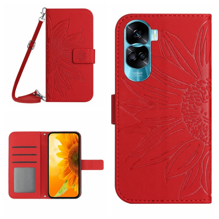 For Honor 90 Lite Skin Feel Sun Flower Pattern Leather Phone Case with Lanyard(Red) - Honor Cases by PMC Jewellery | Online Shopping South Africa | PMC Jewellery