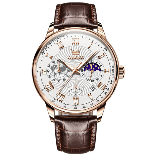 OLEVS 2893 Men Multifunctional Business Quartz Watch(Brown + White) - Leather Strap Watches by OLEVS | Online Shopping South Africa | PMC Jewellery | Buy Now Pay Later Mobicred