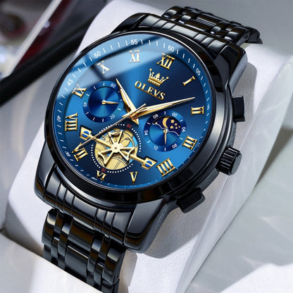OLEVS 2859 Men Multifunctional Luminous Waterproof Quartz Watch(Black + Blue) - Metal Strap Watches by OLEVS | Online Shopping South Africa | PMC Jewellery