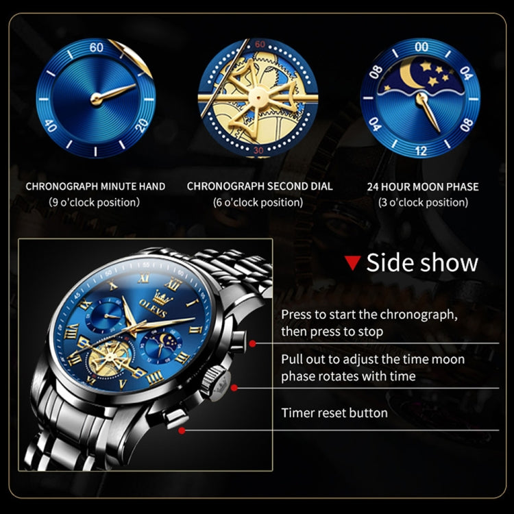 OLEVS 2859 Men Multifunctional Luminous Waterproof Quartz Watch(Black + Blue) - Metal Strap Watches by OLEVS | Online Shopping South Africa | PMC Jewellery