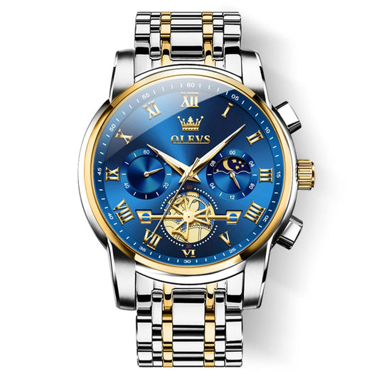 OLEVS 2859 Men Multifunctional Luminous Waterproof Quartz Watch(Blue + Gold) - Metal Strap Watches by OLEVS | Online Shopping South Africa | PMC Jewellery
