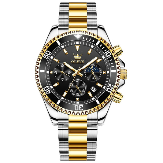 OLEVS 2870 Men Multifunctional Chronograph Three Eyes Waterproof Quartz Watch(Black + Gold) - Metal Strap Watches by OLEVS | Online Shopping South Africa | PMC Jewellery
