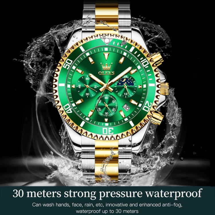 OLEVS 2870 Men Multifunctional Chronograph Three Eyes Waterproof Quartz Watch(Green + Gold) - Metal Strap Watches by OLEVS | Online Shopping South Africa | PMC Jewellery | Buy Now Pay Later Mobicred