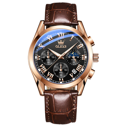 OLEVS 2871 Men Multifunctional Sports Chronograph Luminous Quartz Watch(Black + Rose Gold) - Leather Strap Watches by OLEVS | Online Shopping South Africa | PMC Jewellery