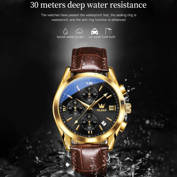 OLEVS 2872 Men Three Eyes Six Needles Chronograph Waterproof Quartz Watch(Black + Gold) - Leather Strap Watches by OLEVS | Online Shopping South Africa | PMC Jewellery