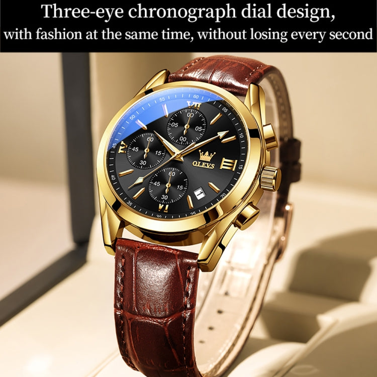 OLEVS 2872 Men Three Eyes Six Needles Chronograph Waterproof Quartz Watch(Black + Gold) - Leather Strap Watches by OLEVS | Online Shopping South Africa | PMC Jewellery