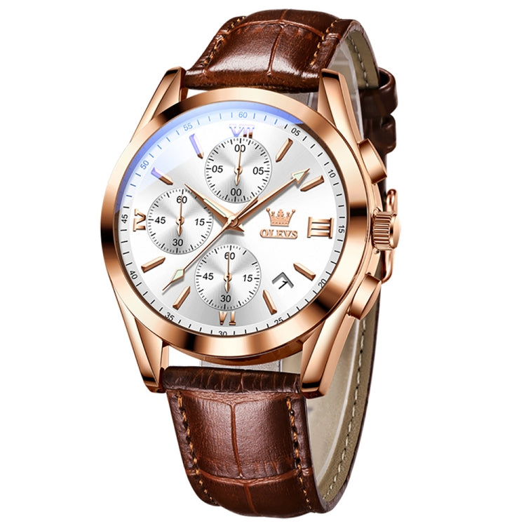 OLEVS 2872 Men Three Eyes Six Needles Chronograph Waterproof Quartz Watch(White + Rose Gold) - Leather Strap Watches by OLEVS | Online Shopping South Africa | PMC Jewellery