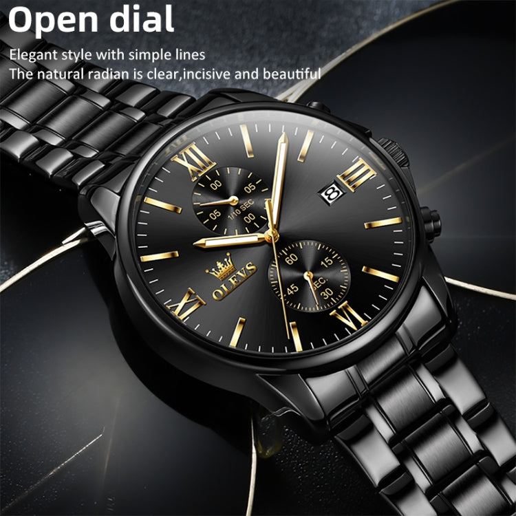 OLEVS 2886 Men Sports Chronograph Waterproof Luminous Quartz Watch(Black Gold Steel Strip) - Metal Strap Watches by OLEVS | Online Shopping South Africa | PMC Jewellery