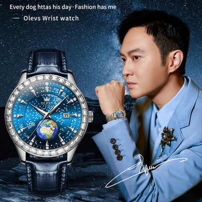 OLEVS 9967 Men Starry Sky Face Diamond Bezel Quartz Watch(Blue Leather Strap) - Leather Strap Watches by OLEVS | Online Shopping South Africa | PMC Jewellery