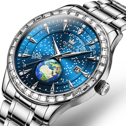 OLEVS 9967 Men Starry Sky Face Diamond Bezel Quartz Watch(Blue Steel Strap) - Leather Strap Watches by OLEVS | Online Shopping South Africa | PMC Jewellery | Buy Now Pay Later Mobicred