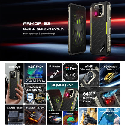 [HK Warehouse] Ulefone Armor 22, 8GB+128GB, IP68/IP69K Rugged Phone, 6.58 inch Android 13 MediaTek Helio G96 Octa Core, Network: 4G, NFC, OTG(All Black) - Ulefone by Ulefone | Online Shopping South Africa | PMC Jewellery