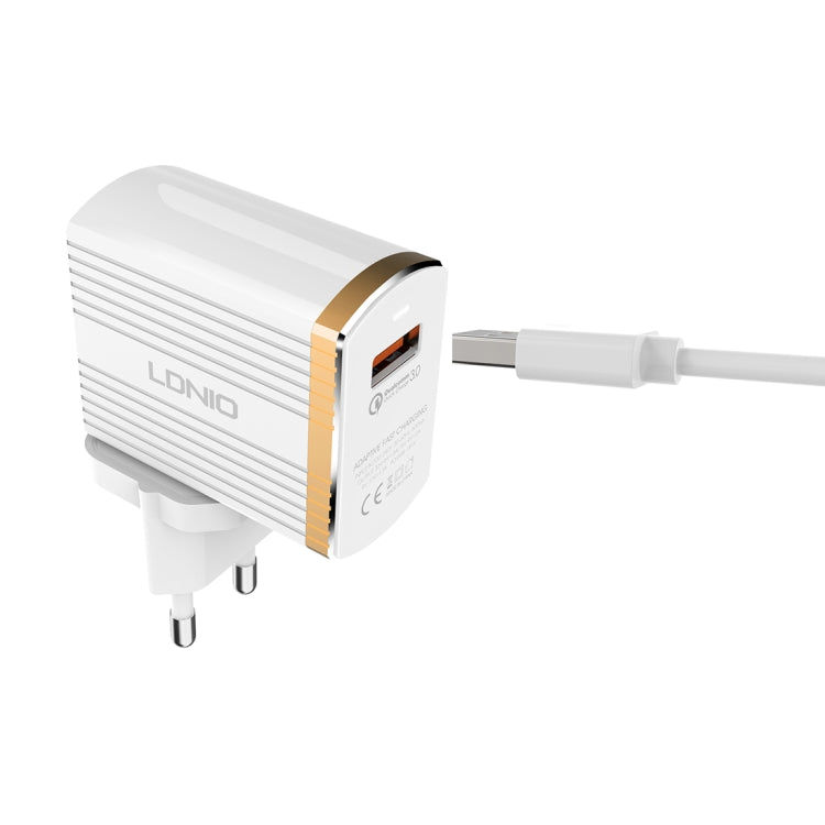 LDNIO A1302Q 2 in 1 18W QC3.0 USB Interface Grid Shape Travel Charger Mobile Phone Charger with Micro USB Data Cable, EU Plug - free shipping - PMC TechLife - Order now!