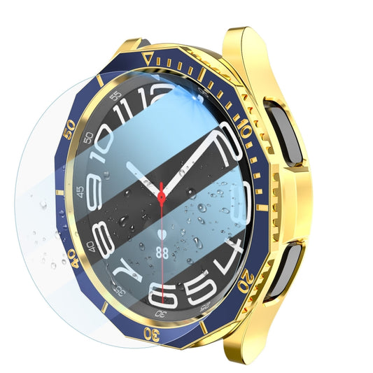 For Samsung Galaxy Watch6 Classic 47mm R960 Electroplate PC Case + Tempered Film + Watch Bezel Ring Set(Blue+Gold) - Watch Cases by PMC Jewellery | Online Shopping South Africa | PMC Jewellery