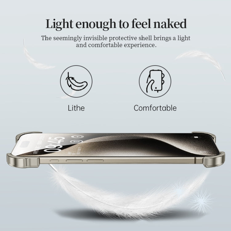 For iPhone 15 Pro Frameless Metal Corner Pad Phone Case with Lens Film(White) - free shipping - PMC TechLife - Order now!