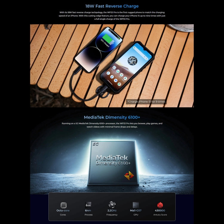 Oukitel WP33 Pro, 8GB+256GB, IP68/IP69K, Fingerprint Identification, 22000mAh, 6.6 inch MediaTek Dimensity 6100+ Octa-core, NFC, OTG, Network: 5G(Black) - free shipping - PMC TechLife - Order now!