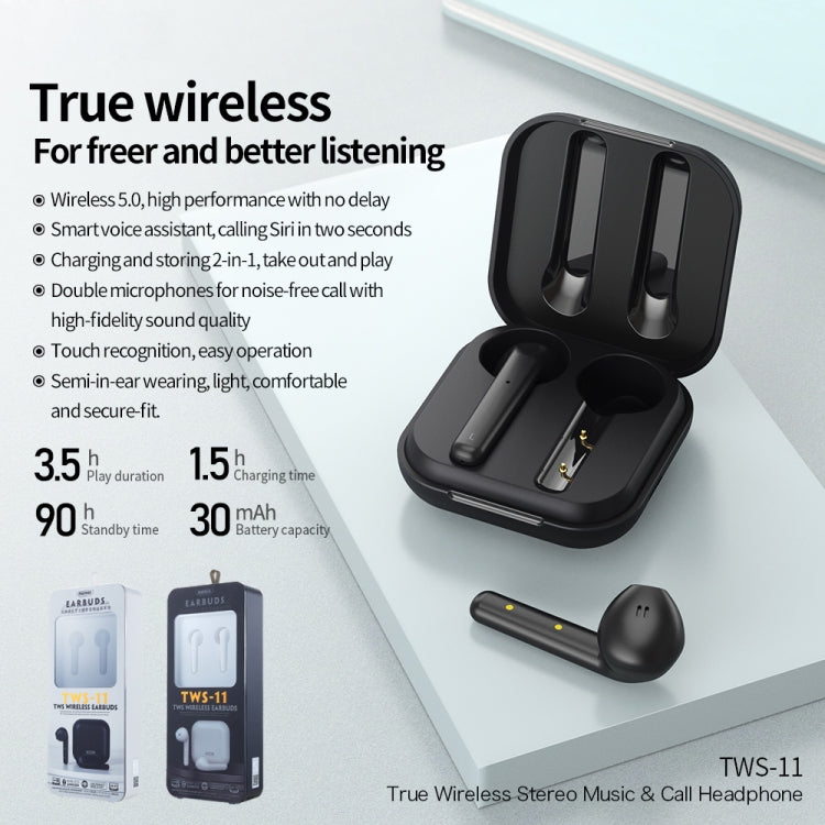 REMAX TWS-11 Bluetooth 5.0 True Wireless Bluetooth Stereo Music Earphone with Charging Box(Black) - TWS Earphone by REMAX | Online Shopping South Africa | PMC Jewellery | Buy Now Pay Later Mobicred