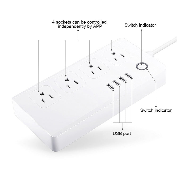4 x USB Ports + 4 x US Plug Jack WiFi Remote Control Smart Power Socket Works with Alexa & Google Home, AC 110-240V, US Plug - Smart Socket by PMC Jewellery | Online Shopping South Africa | PMC Jewellery