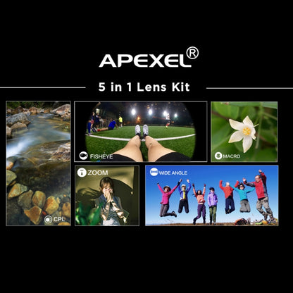 APEXEL APL-DG5 5 in 1 Universal 15X Macro Lens+0.63X Wide-angle Lens+198 Degrees Fisheye Lens+2X Telephoto Lens+CPL Lens, For iPhone, Samsung, Huawei, Xiaomi, HTC and Other Smartphones, Ultra-thin Digital Camera - Combination Lens by APEXEL | Online Shopping South Africa | PMC Jewellery