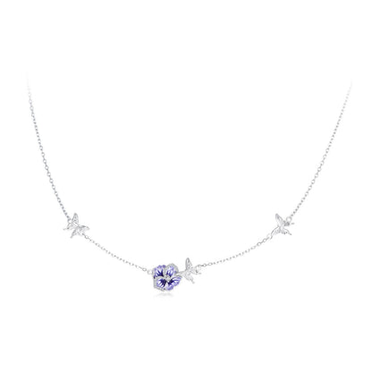 BSN336 Sterling Silver S925 White Gold Plated Zircon Stretchable Pansy Necklace Pendant - Necklaces & Pendants by PMC Jewellery | Online Shopping South Africa | PMC Jewellery