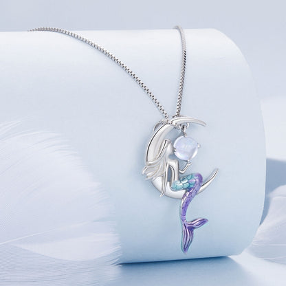 BSN338 Sterling Silver S925 White Gold Plated Moonstone Mermaid Necklace - Necklaces & Pendants by PMC Jewellery | Online Shopping South Africa | PMC Jewellery