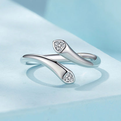 SCR946-E Sterling Silver S925 White Gold Plated Zircon Double Heart Opening Adjustable Ring - Rings by PMC Jewellery | Online Shopping South Africa | PMC Jewellery