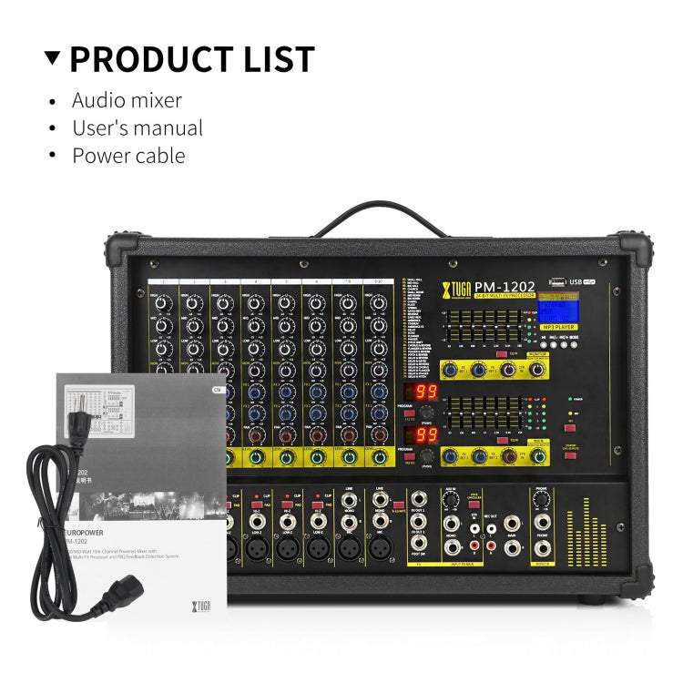 XTUGA PM1202 900W 10 Channel Stage Power Mixer 24Bit Multil-FX Processor Dual 99 DSP Effect DJ Amplifier (AU Plug) - Live Sound Effects Processors by XTUGA | Online Shopping South Africa | PMC TechLife