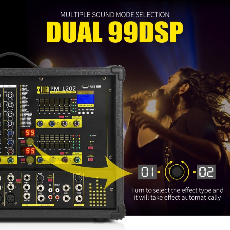 XTUGA PM1202 900W 10 Channel Stage Power Mixer 24Bit Multil-FX Processor Dual 99 DSP Effect DJ Amplifier (AU Plug) - Live Sound Effects Processors by XTUGA | Online Shopping South Africa | PMC TechLife