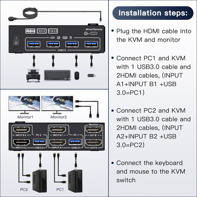 KC-KVM202AS 4K 60HZ USB3.0 HDMI Dual Display KVM Switcher Support EDID Analog Lock Screen - Switch by PMC TechLife | Online Shopping South Africa | PMC TechLife | Buy Now Pay Later Mobicred