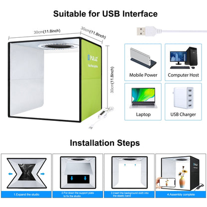 PULUZ 30cm Folding  High 97 CRI Ring Light Photo Lighting Studio Shooting Tent Box Kit with 6 Colors Backdrops (Black, White, Orange, Red, Green, Blue), Unfold Size: 30cm x 30cm x 30cm(Green) -  by PULUZ | Online Shopping South Africa | PMC Jewellery