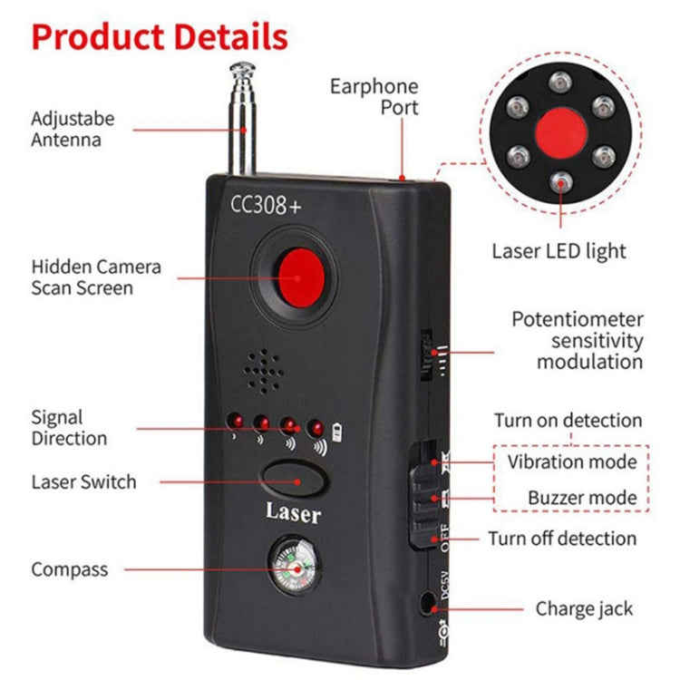 CC308+ Multi-Detector Full-Range All-Round Detector For Hidden Mini Camera / IP Lens/ GMS / RF Signal Detector Finder(Black) - free shipping - PMC TechLife - Order now!
