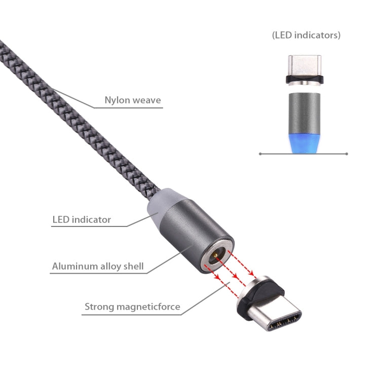 360 Degree Rotation 1m Weave Style USB-C / Type-C to USB 2.0 Strong Magnetic Charger Cable with LED Indicator(Grey) - Charging Cable & Head by PMC Jewellery | Online Shopping South Africa | PMC Jewellery