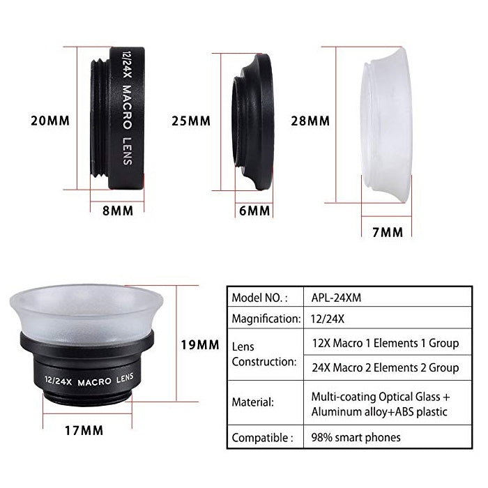 APEXEL APL-24X-H 2 in 1 Universal External 12X & 24X Macro Mobile Phone Lens with Lens Hood - Combination Lens by APEXEL | Online Shopping South Africa | PMC TechLife