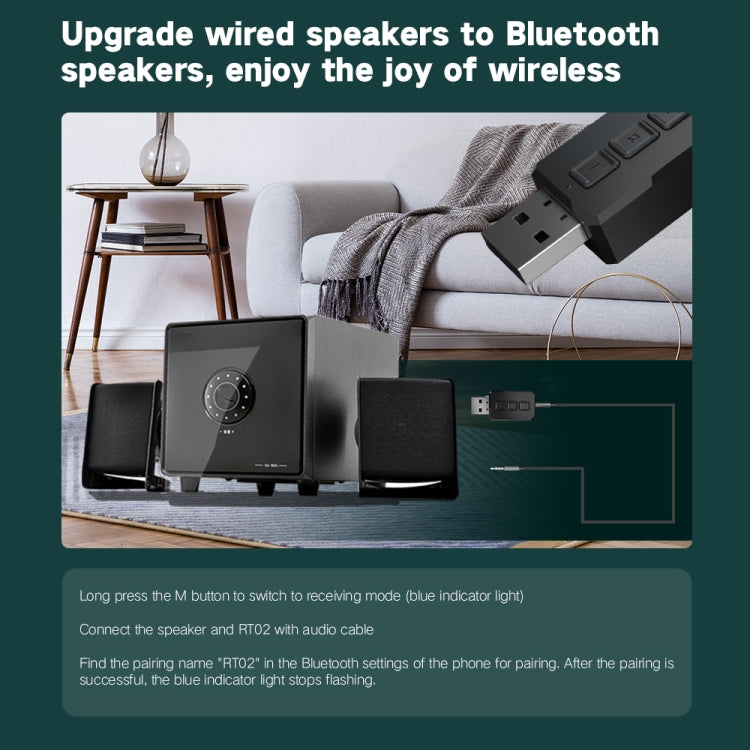 RT02 USB Bluetooth Audio Adapter Receives Transmits 2-in-1 Bluetooth 5.0 Hands-free Talk Car Bluetooth Receiver - Audio Receiver Transmitter by PMC TechLife | Online Shopping South Africa | PMC TechLife