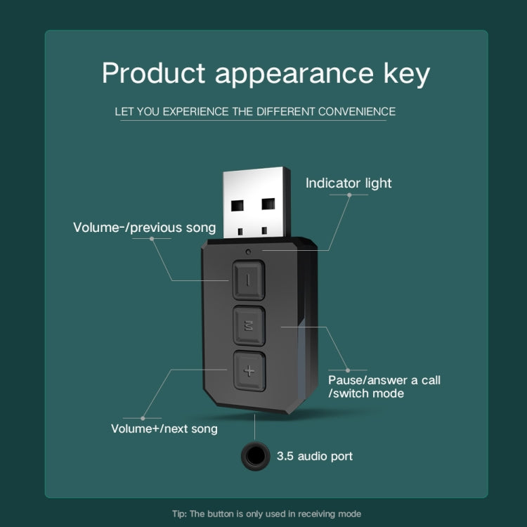 RT02 USB Bluetooth Audio Adapter Receives Transmits 2-in-1 Bluetooth 5.0 Hands-free Talk Car Bluetooth Receiver - Audio Receiver Transmitter by PMC TechLife | Online Shopping South Africa | PMC TechLife